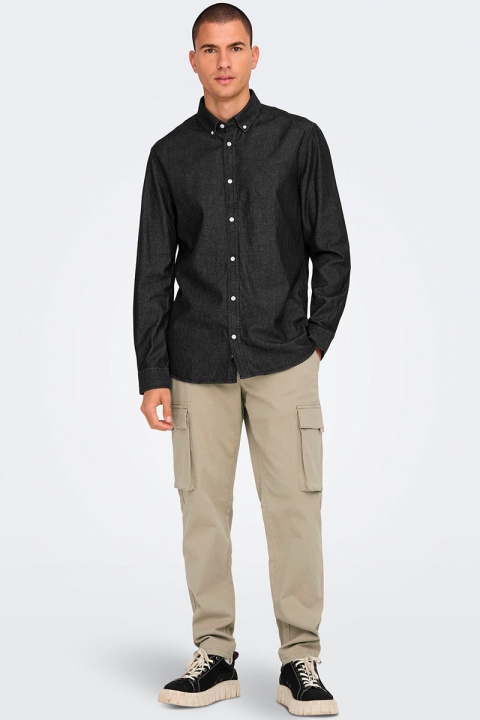 ONLY & SONS DAY REG DOWN CHAMBRAY LS SHIRT Black Denim