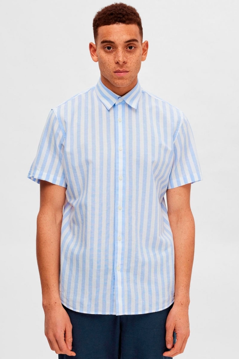 Selected SLHSLIMNEW-LINEN SHIRT SS CLASSIC Cashmere Blue Stripes