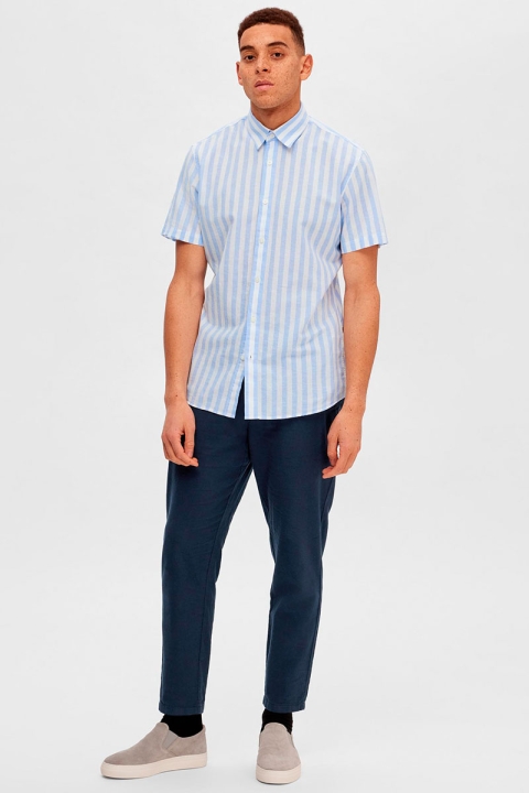 Selected SLHSLIMNEW-LINEN SHIRT SS CLASSIC Cashmere Blue Stripes