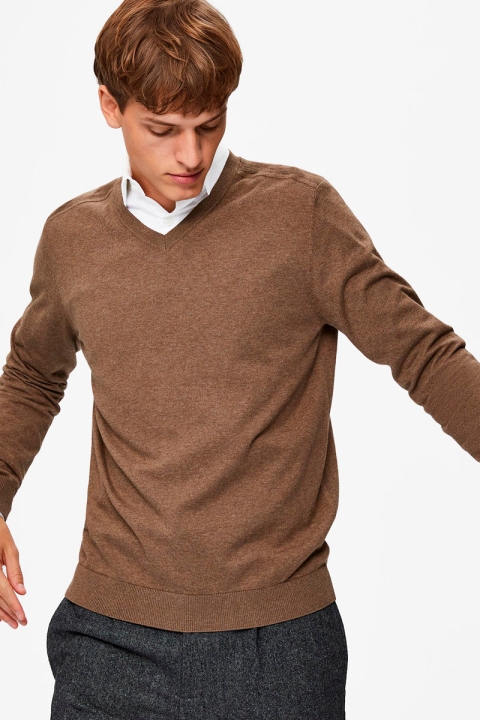 Selected BERG LS KNIT V-NECK Teak Melange