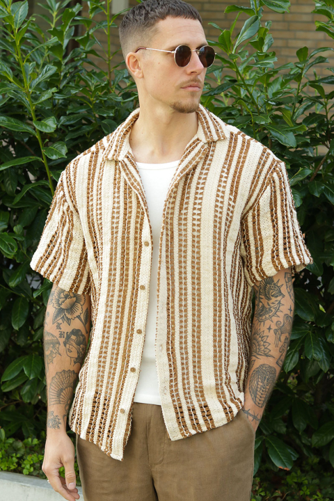 ONLY & SONS Dani Chrochet Resort SS Shirt Brown Stripe