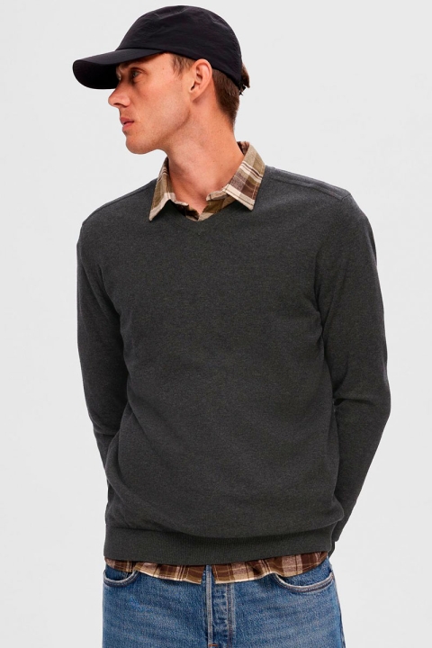 Selected Berg Knit V-Neck LS Antracit