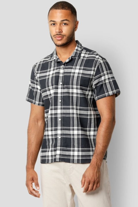 Clean Cut Copenhagen Bowling Checked Shirt SS Dark Navy W. Ecru