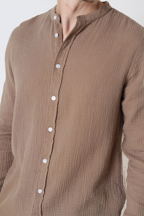 Kronstadt Johan Muslin Henley shirt Sepia tint brown