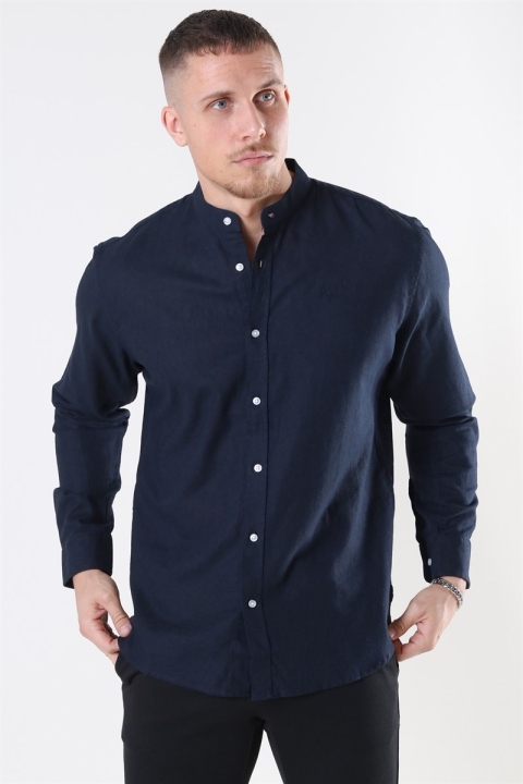 Clean Cut Cotton Linen Mao Skjorta Navy