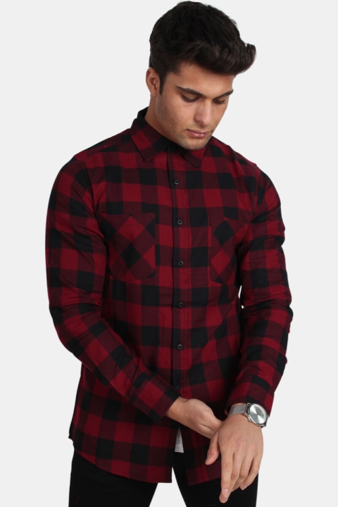 URBAN CLASSICS Checked Flanell Skjorta Black/Burgundy