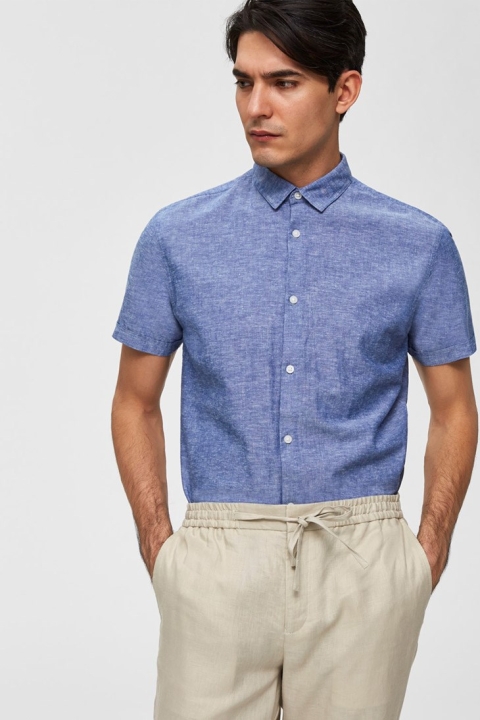 Selected Slim Linen Skjorta SS Classic Medium Blue Melange