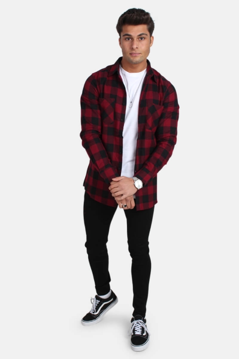 URBAN CLASSICS Checked Flanell Skjorta Black/Burgundy