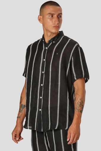 Ed Striped linen Shirt S/S Black