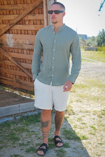 CAIDEN LS SOLID LINEN MAO SHIRT Swamp