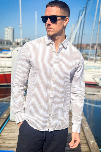 Caiden LS Stripe Linen Shirt Chinchilla