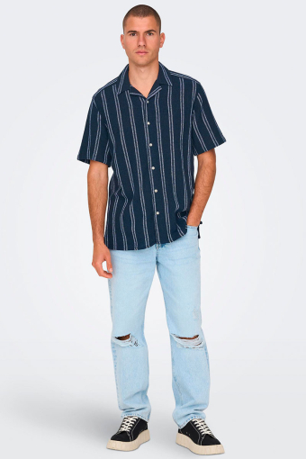 Trev Reg Structure Stripe SS Shirt Dark Navy