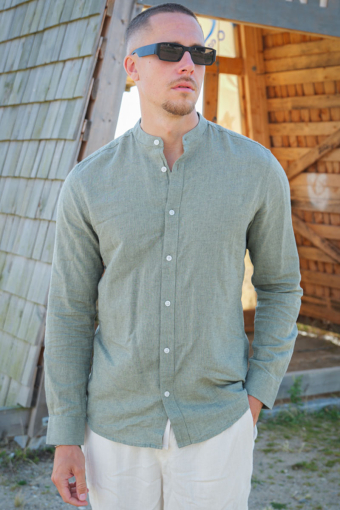 CAIDEN LS SOLID LINEN MAO SHIRT Swamp